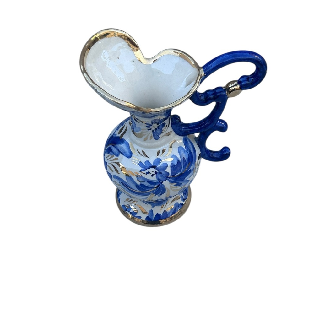 1960s Belgian "Hubert Bequet" "Bird of Paradise" Hand Painted Blue Pitcher